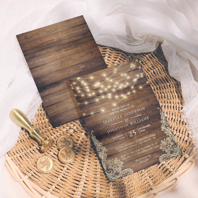 Rustic Wood & String Lights | Vintage Lace Wedding Invitation (Creator Uploaded)