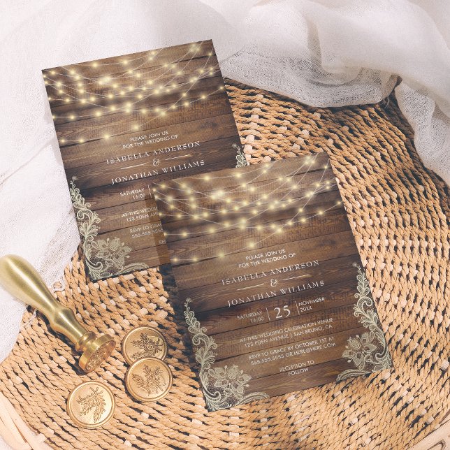 Rustic Wood & String Lights | Vintage Lace Wedding Magnetic Invitation (Creator Uploaded)