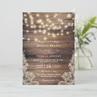 Rustic Wood String Lights Vintage QR Code Wedding Invitation