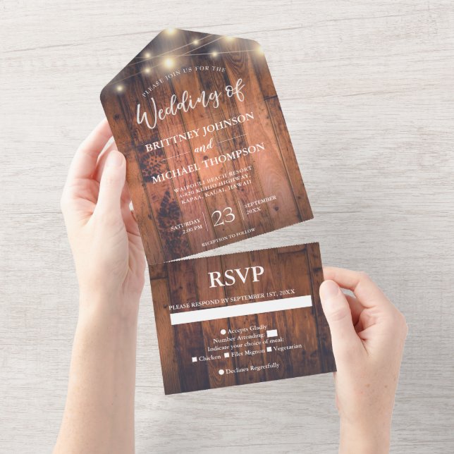 Rustic Wood String Lights Wedding All In One Invit All In One Invitation (Tearaway)