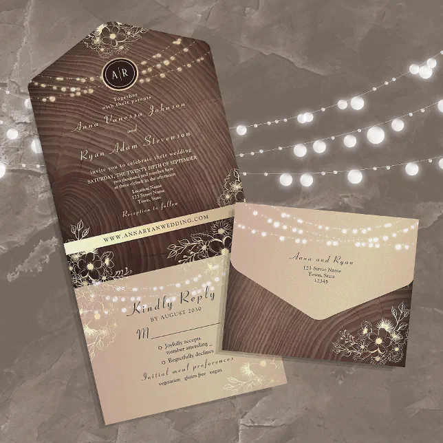 Rustic Wood String Lights Wedding All In One Invitation | Zazzle