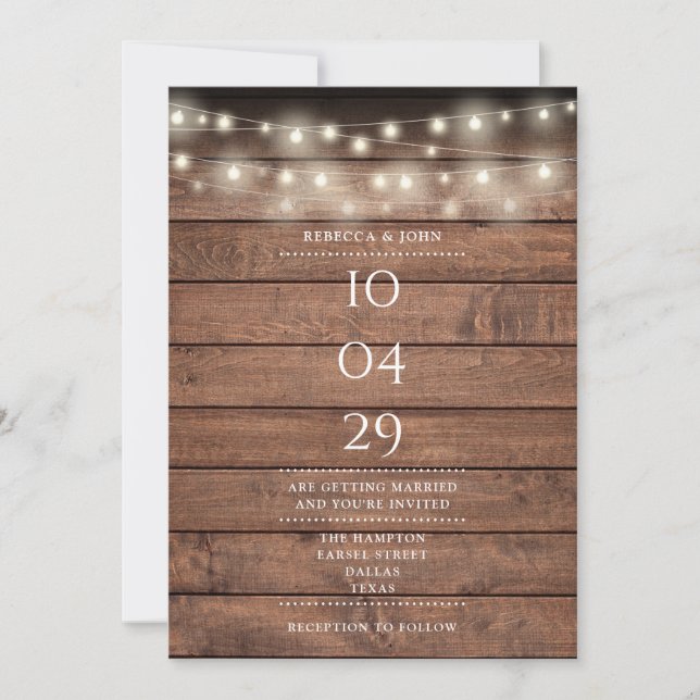 Rustic Wood String Lights Wedding Date Invitation (Front)