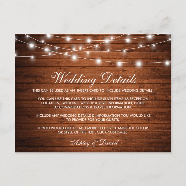 Rustic Wood String Lights Wedding Details Card (Front)