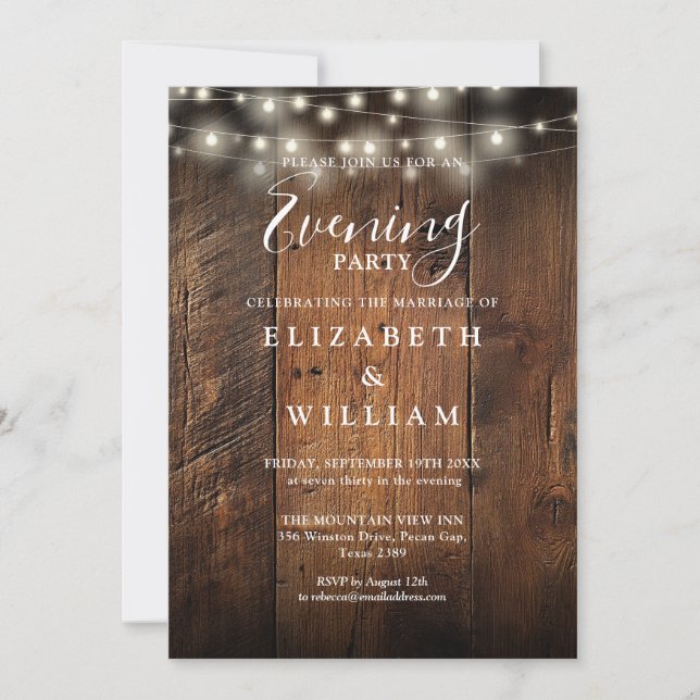Rustic Wood String Lights Wedding Evening Party Invitation (Front)