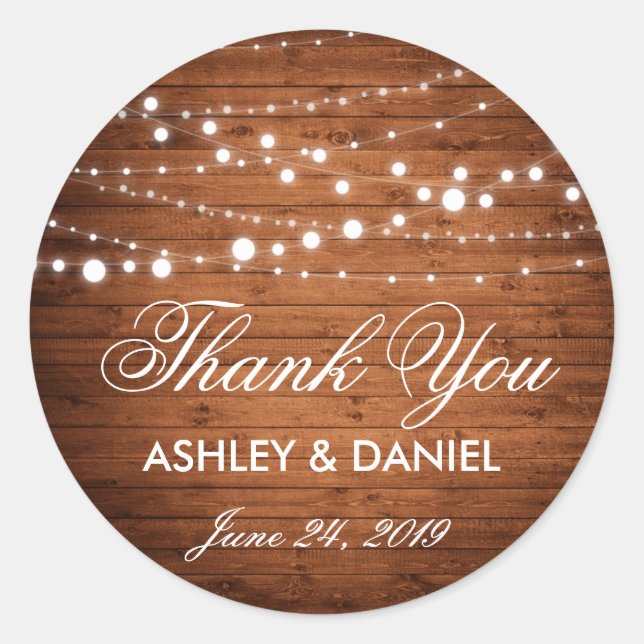 Rustic Wood String Lights Wedding Favour Stickers  (Front)