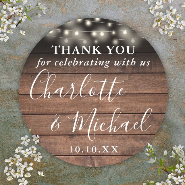 Rustic Wood String Lights Wedding Favour Thank You Classic Round Sticker (Rustic Wood String Lights Wedding Favor Thank You Classic Round Sticker)