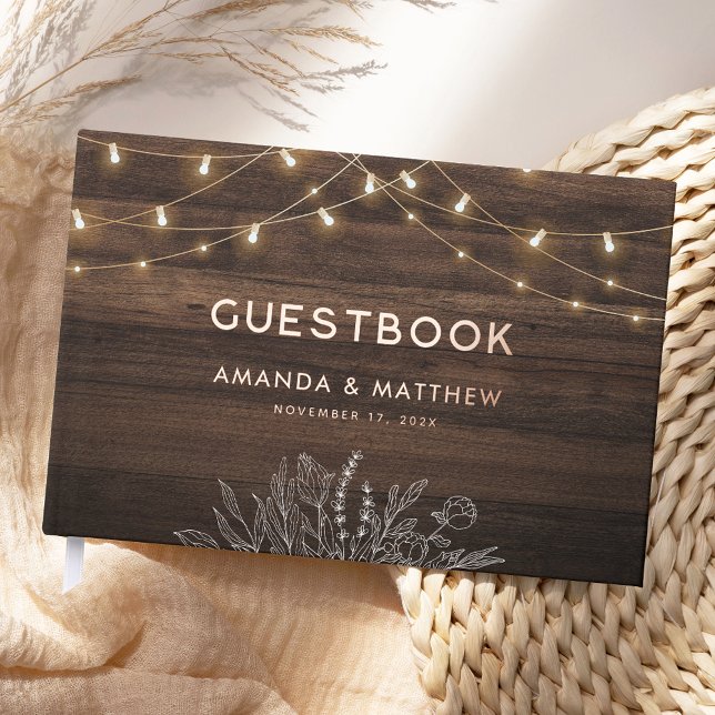 Rustic Wood String Lights Wedding Gold Foil Guest Book (Rustic Wood String Lights Wedding Gold Foil Foil Guest Book)