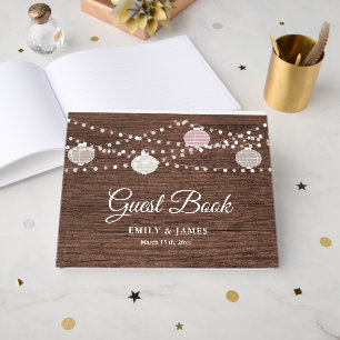 Rustic Wood String Lights Wedding Guest Book