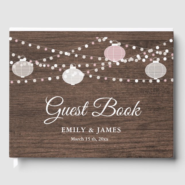 Rustic wood string lights wedding guest book (Front)
