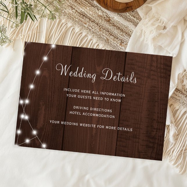 Rustic wood string lights wedding guest details enclosure card (Creator Uploaded)