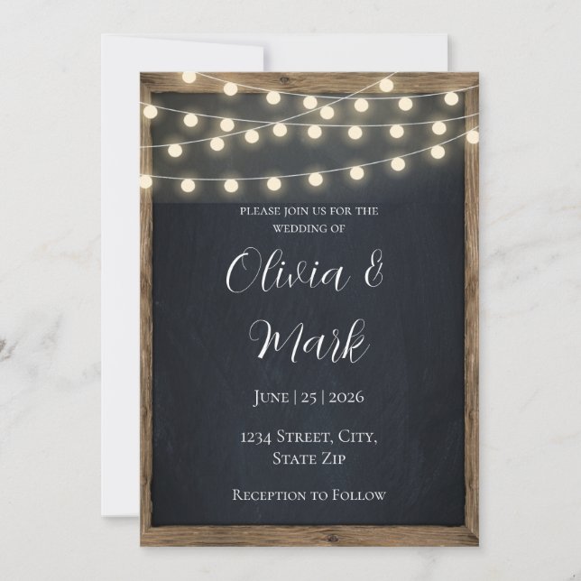 Rustic Wood & String Lights Wedding Invitation (Front)