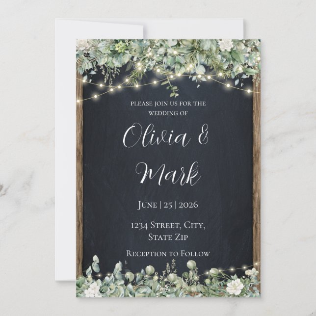 Rustic Wood & String Lights Wedding Invitation (Front)