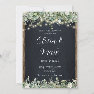 Rustic Wood & String Lights Wedding Invitation