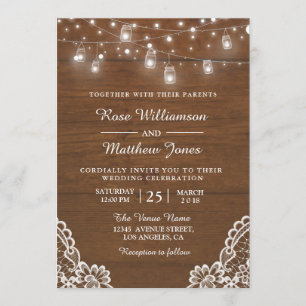 Rustic wood string lights wedding invitation