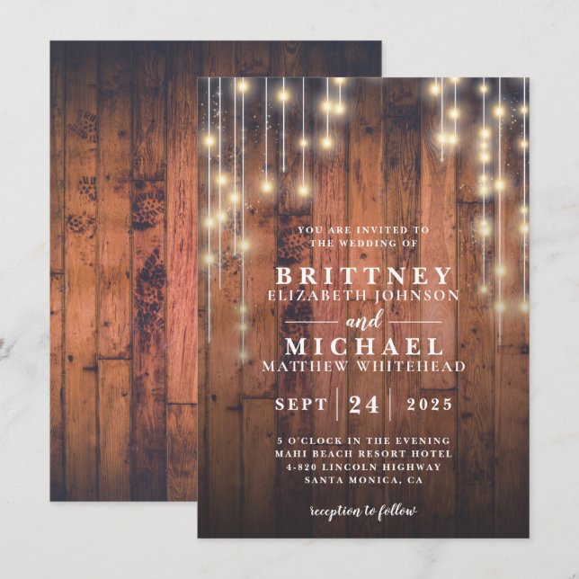 Rustic Wood String Lights Wedding Invitation (Front/Back)