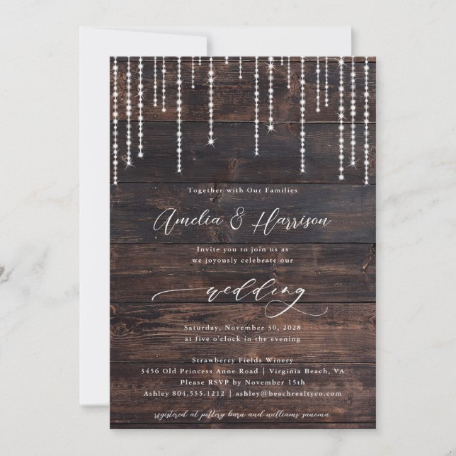 Rustic Wood String Lights Wedding Invitation  (Front)