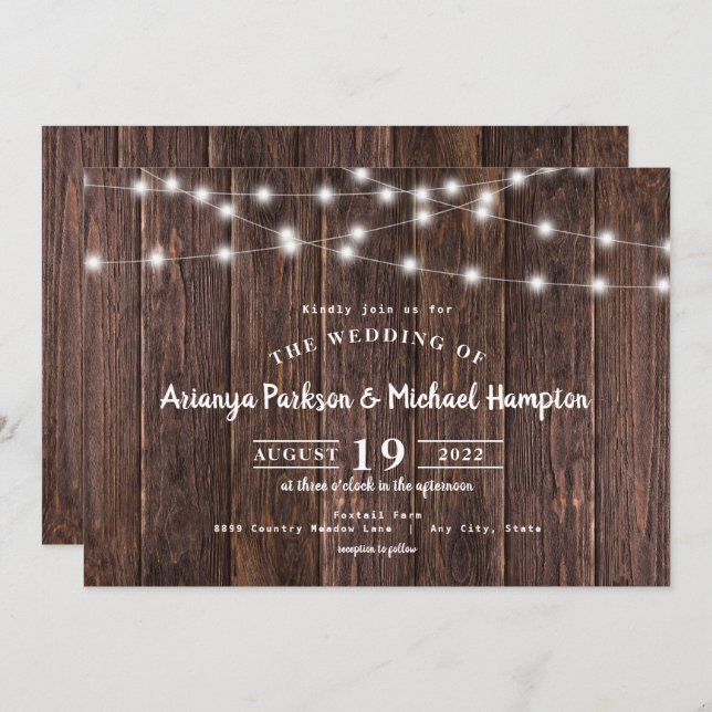 Rustic Wood String Lights Wedding Invitation (Front/Back)