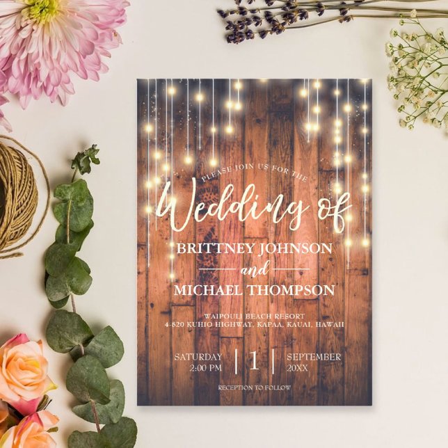 Rustic Wood String Lights Wedding Invitation (Creator Uploaded)