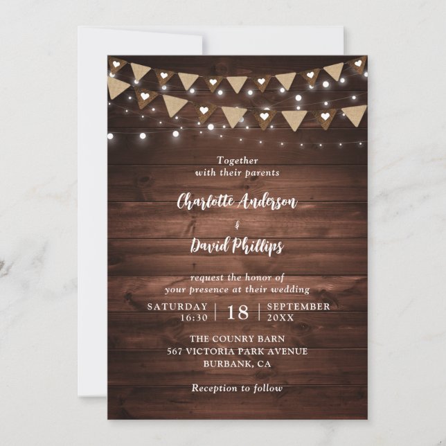 Rustic Wood String Lights Wedding Invitation (Front)