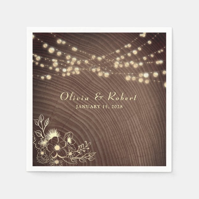 Rustic Wood String Lights Wedding Napkin (Front)
