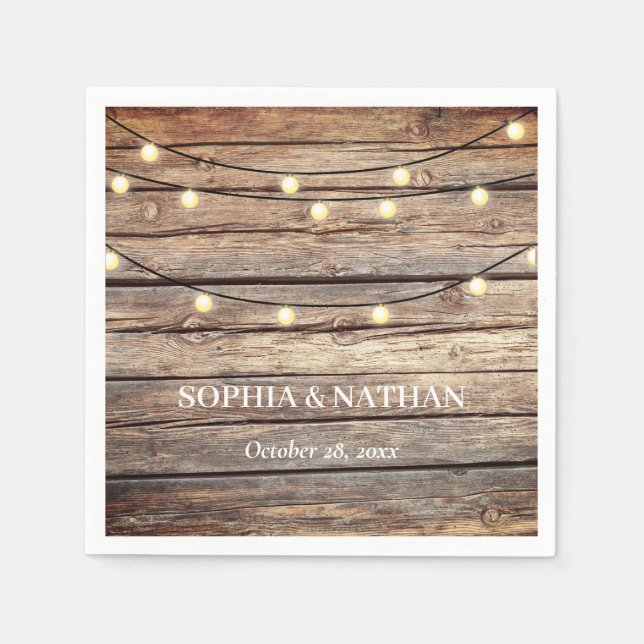 Rustic Wood String Lights Wedding  Napkin (Front)