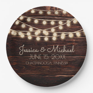 Rustic Wood String Lights Wedding Paper Plate