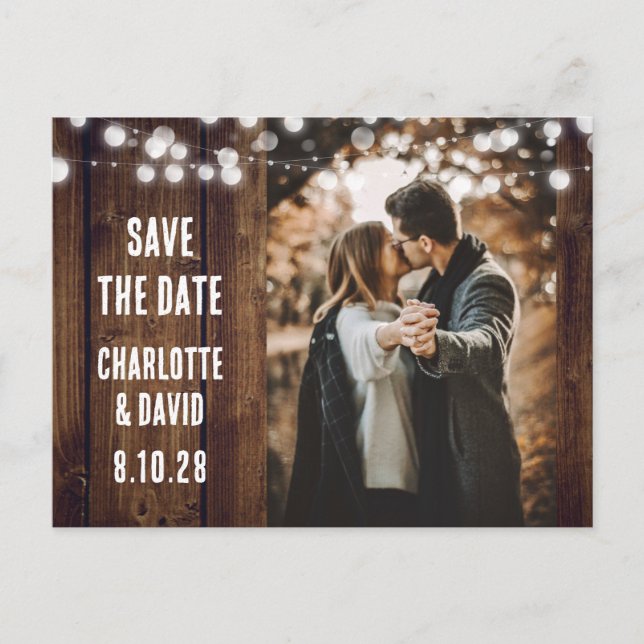 Rustic Wood String Lights Wedding Photo Announcement Postcard (Front)
