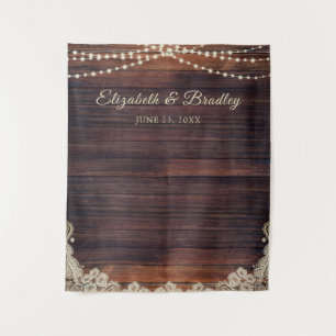 Rustic Wood String Lights Wedding Photo Backdrop Tapestry