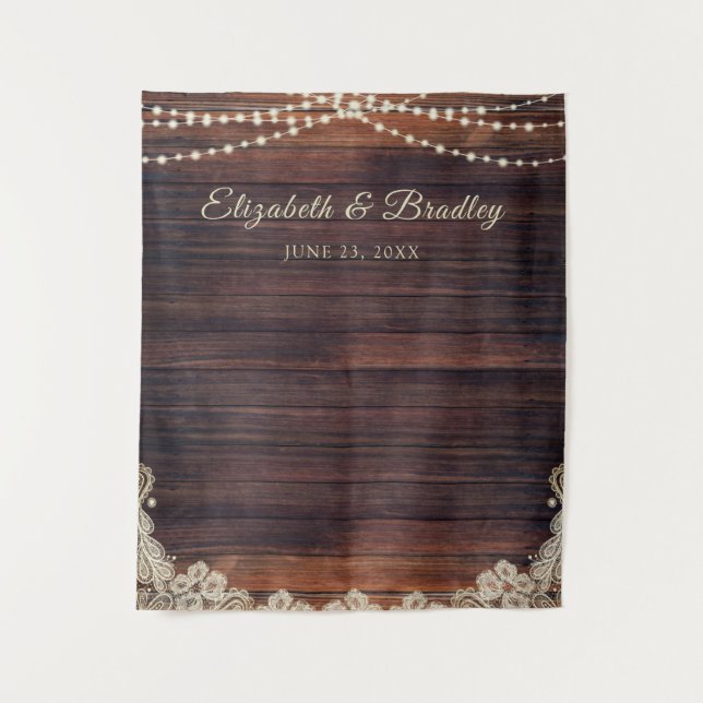 Rustic Wood String Lights Wedding Photo Backdrop Tapestry (Front)