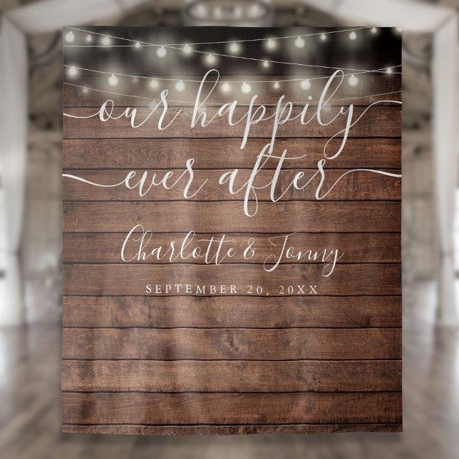 Rustic Wood String Lights Wedding Photo Backdrop Tapestry (Rustic Wood String Lights Wedding Photo Backdrop)