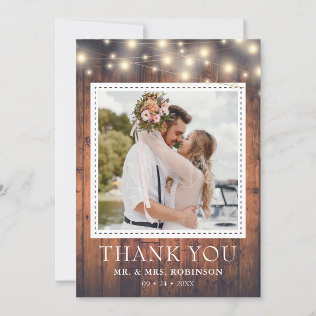 Rustic Wood String Lights Wedding Photo Thank You Card (Front)