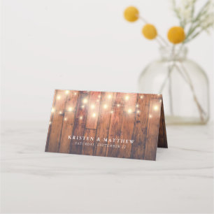 Rustic Wood String Lights Wedding Place Card