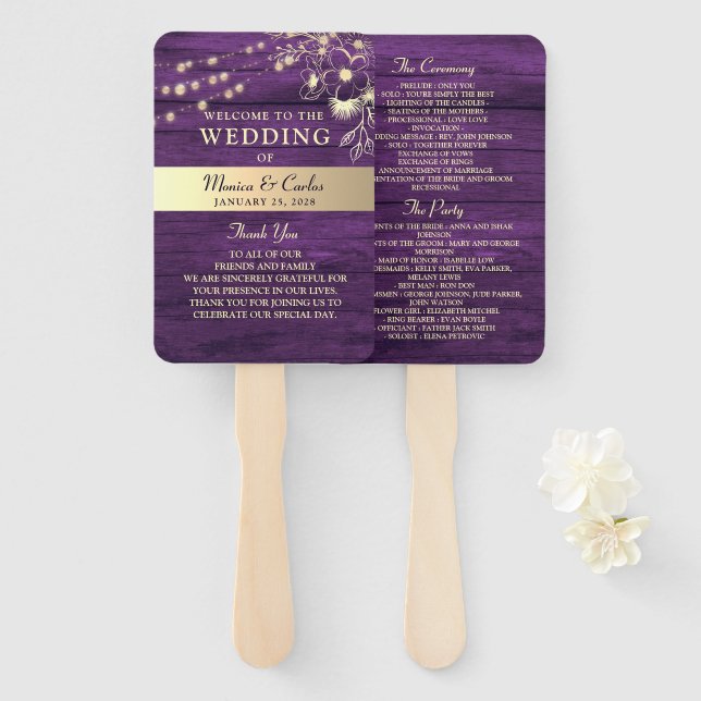 Rustic Wood String Lights Wedding Program Hand Fan (Front and Back)