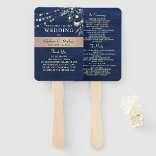 Rustic Wood String Lights Wedding Program Hand Fan