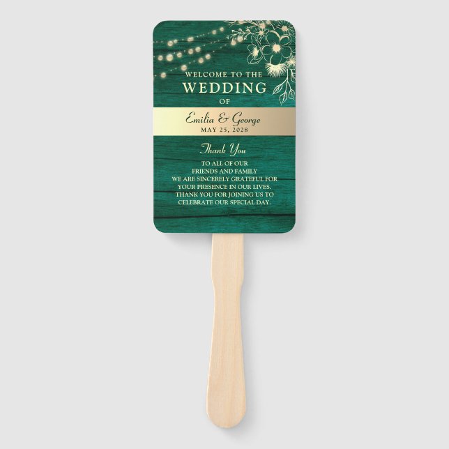 Rustic Wood String Lights Wedding Program Hand Fan (Front)