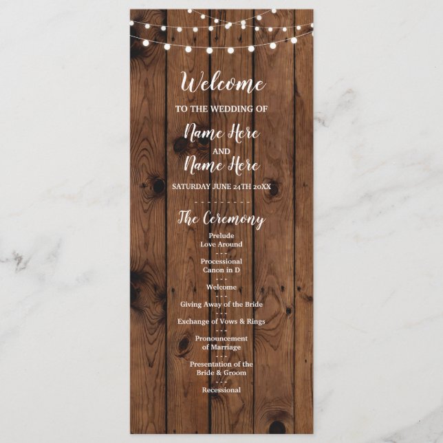 Rustic Wood & String Lights Wedding Program Programme (Front)