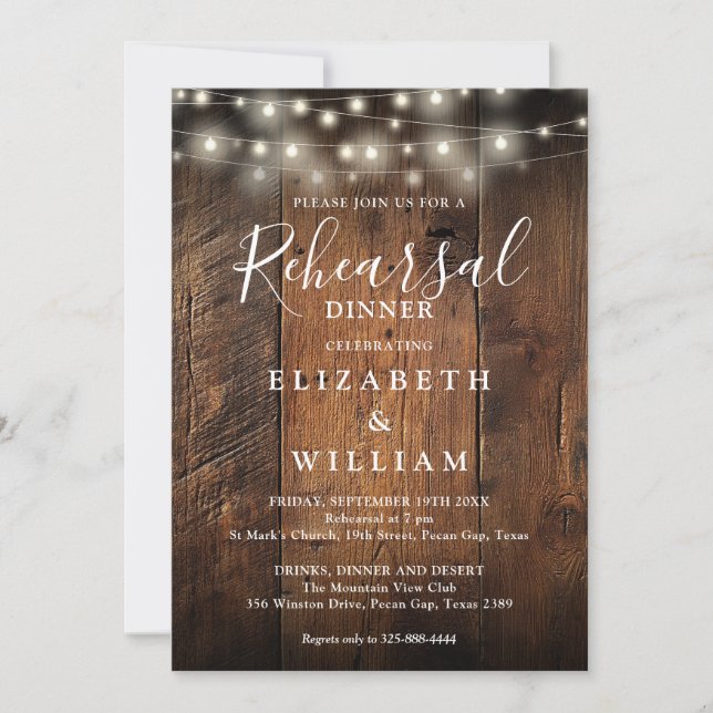 Rustic Wood String Lights Wedding Rehearsal Dinner Invitation (Front)