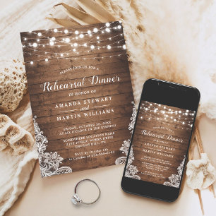Rustic Wood String Lights Wedding Rehearsal Dinner Invitation