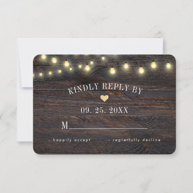 Rustic Wood String Lights Wedding Response Card (Front)