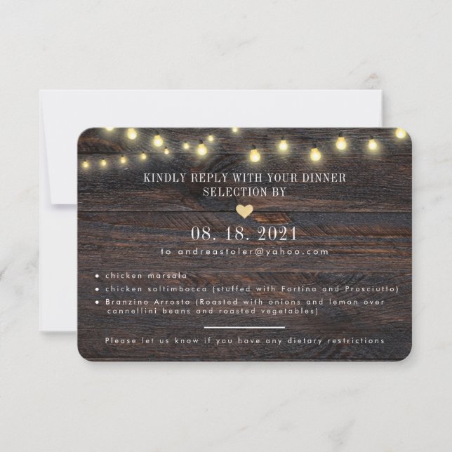 Rustic Wood String Lights Wedding Response Card  (Front)