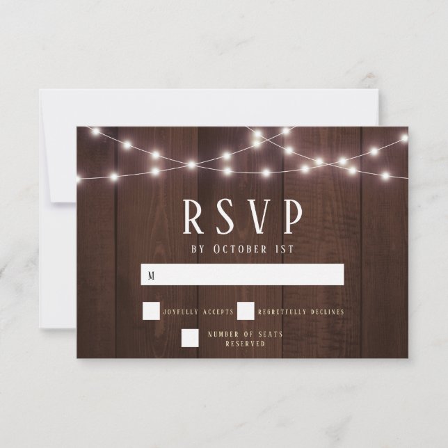 Rustic Wood String Lights Wedding RSVP Card (Front)
