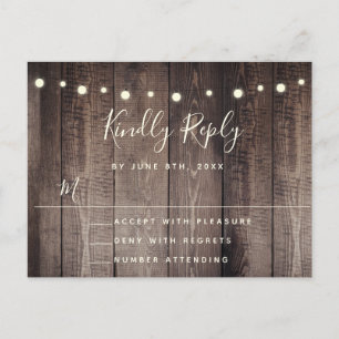 Rustic Wood String Lights Wedding RSVP Postcard
