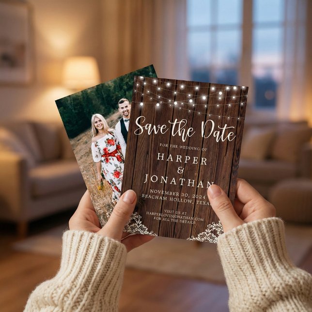 Rustic Wood String Lights Wedding Save the Date (Creator Uploaded)