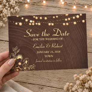 Rustic Wood String Lights Wedding Save The Date