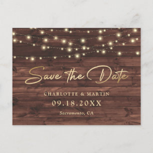 Rustic Wood String Lights Wedding Save The Date Announcement Postcard