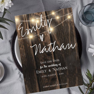Rustic Wood String Lights Wedding  Save The Date Invitation Postcard