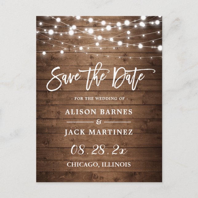 Rustic Wood String Lights Wedding Save the Date Postcard (Front)