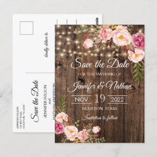 Rustic Wood String Lights Wedding Save the Date Postcard