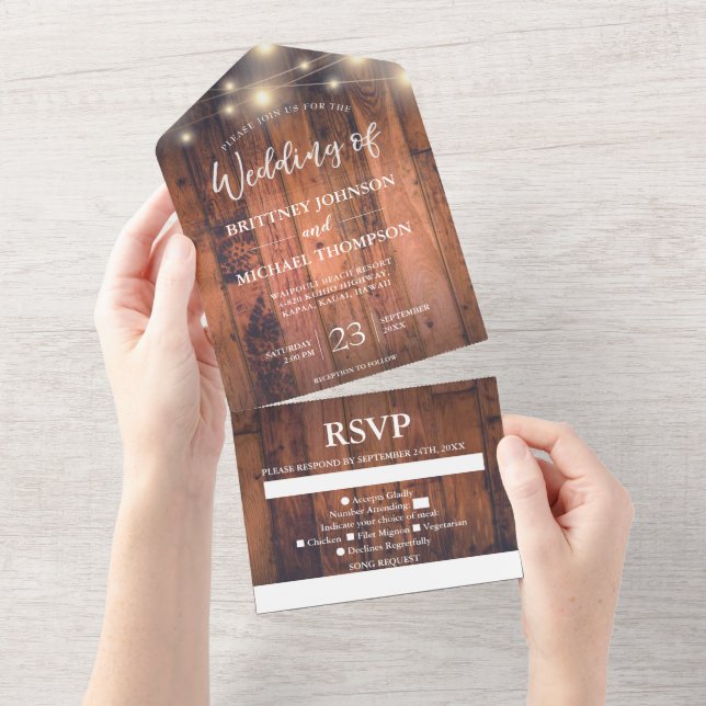 Rustic Wood String Lights Wedding Song All In One Invitation (Tearaway)