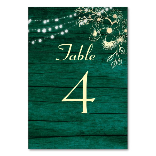 Rustic Wood String Lights Wedding Table Number (Front)